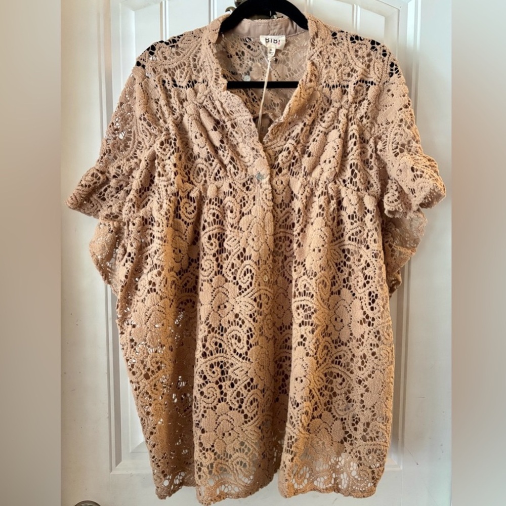 BiBi Beige Crochet Lace Button-Down Top
